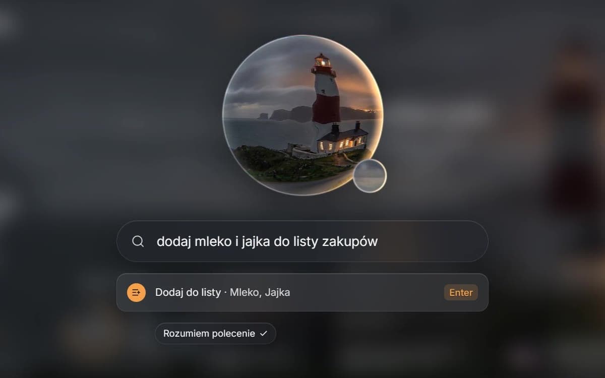 Spotlight z poleceniem „dodaj mleko i jajka do listy zakupów” i podpowiedzią „Dodaj do listy”