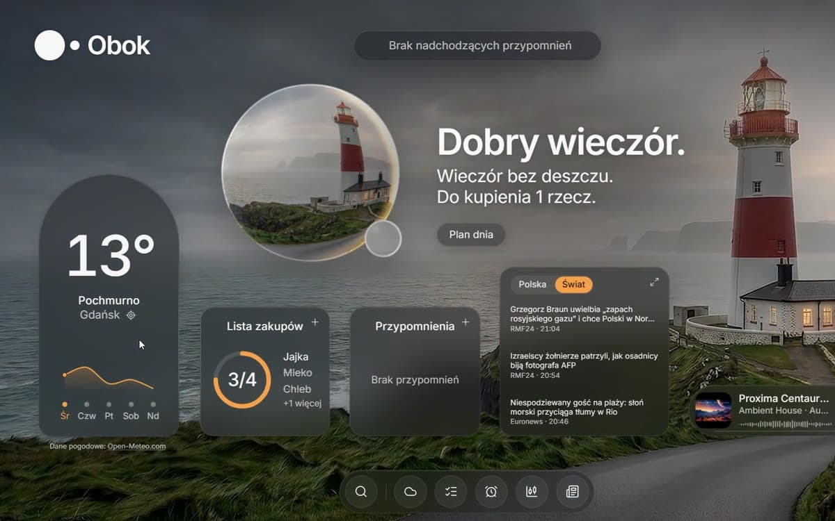 Pulpit Obok nad latarnią w pochmurny wieczór: pogoda, lista zakupów, przypomnienia i wiadomości