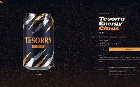 Strona napoju Tesorra Energy: puszka w chromowe pazury, wybór smaku i przycisk dodania do koszyka